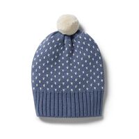 Knitted Cable Hat - Blue with White Fleck