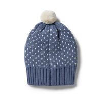 Knitted Cable Hat  Blue with White Fleck